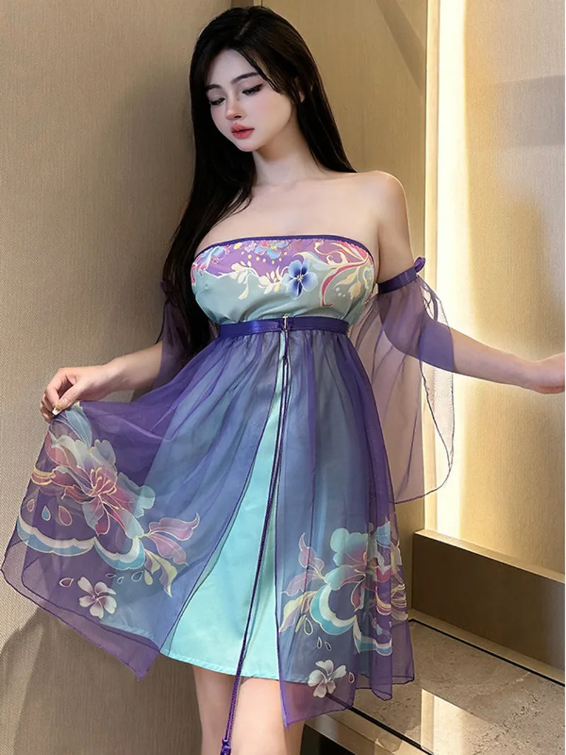 

Hanfu Fairy Dress Sexy Women China Style Uniform Mini Dress Elegant Mesh Lace Sheer Retro Fahsion Tops 2023 New P97J