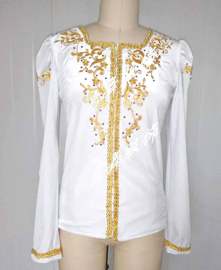 

White velvet and gold trim man's ballet jacket Men's performance dance jacket.we accept custom made costumes