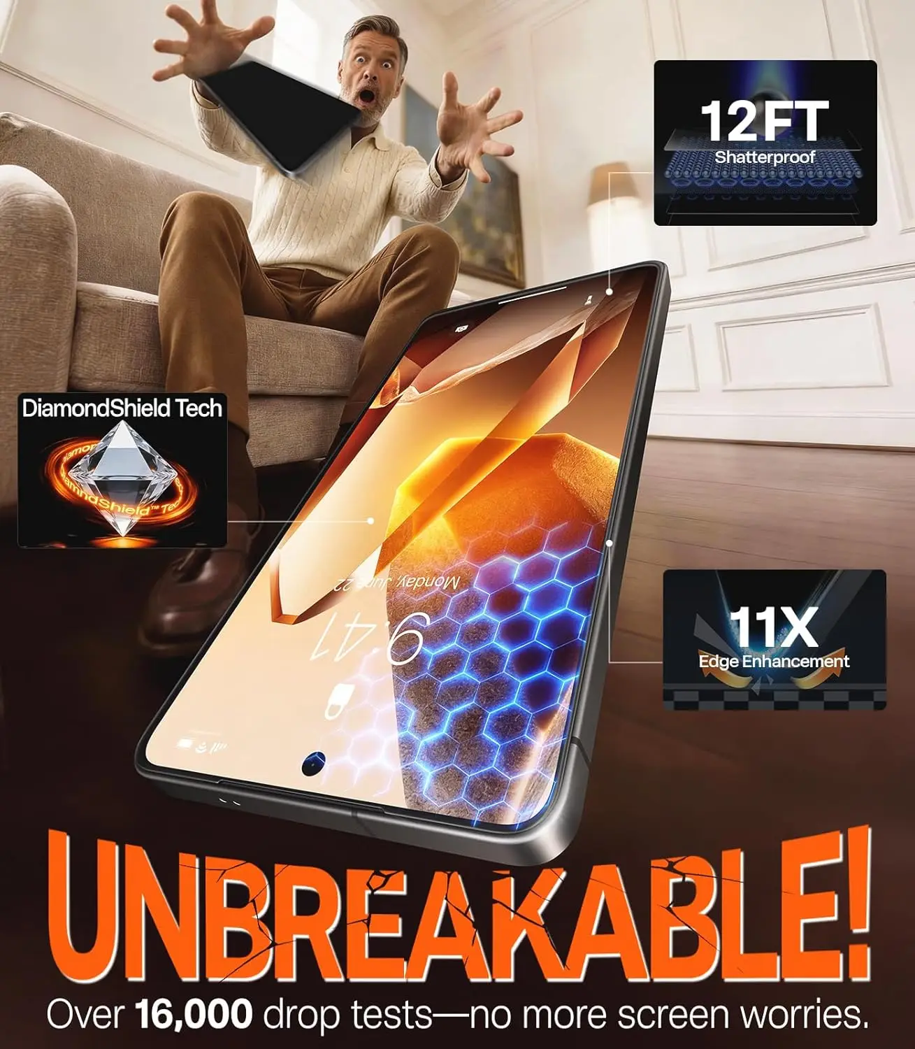 Premium Tempered Glass Screen Protector [No.1 Military-Grade] [12 FT Shatterproof] 9H+Touch - 2-Pack