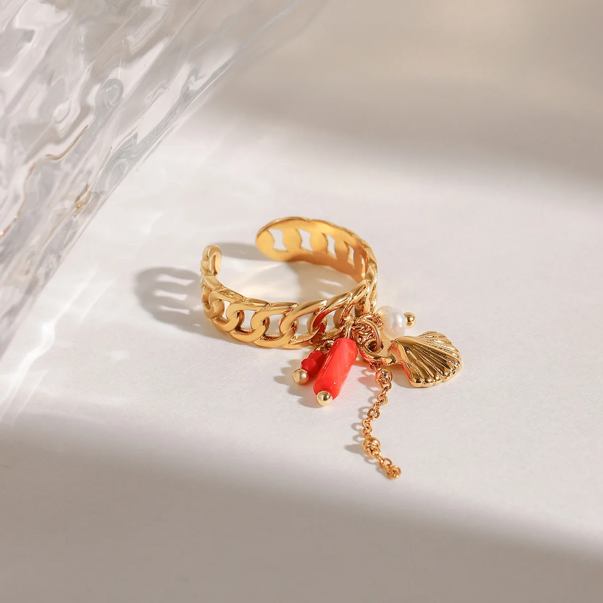 Personality Rock Tassels Chain Splicing Scallop Shell Open Ring Imitation Pearl Red Beads Knuckle Ring Daily Versatile Jewelry