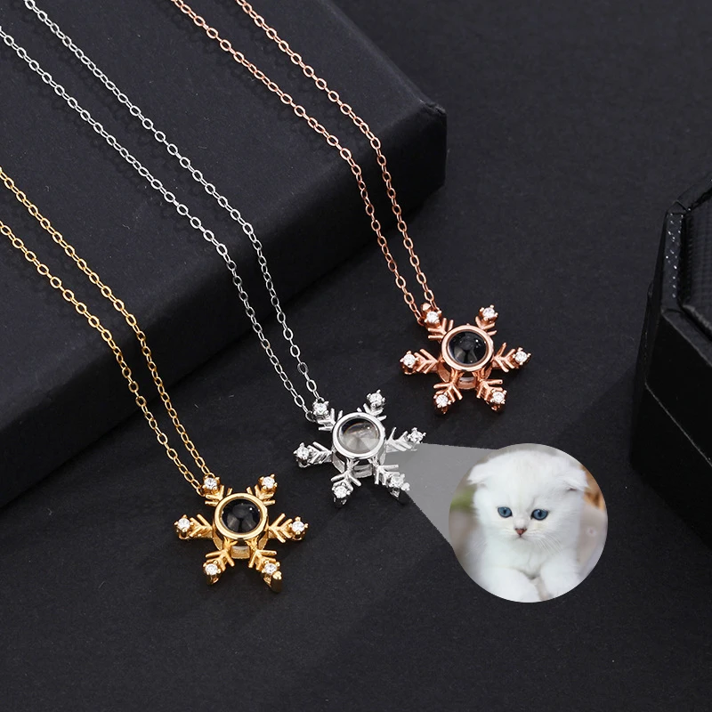 S925 Sterling Silver Zircon Snowflake Necklace for Women Personalized Custom Photo Projection Pendant Unique Birthday Gift