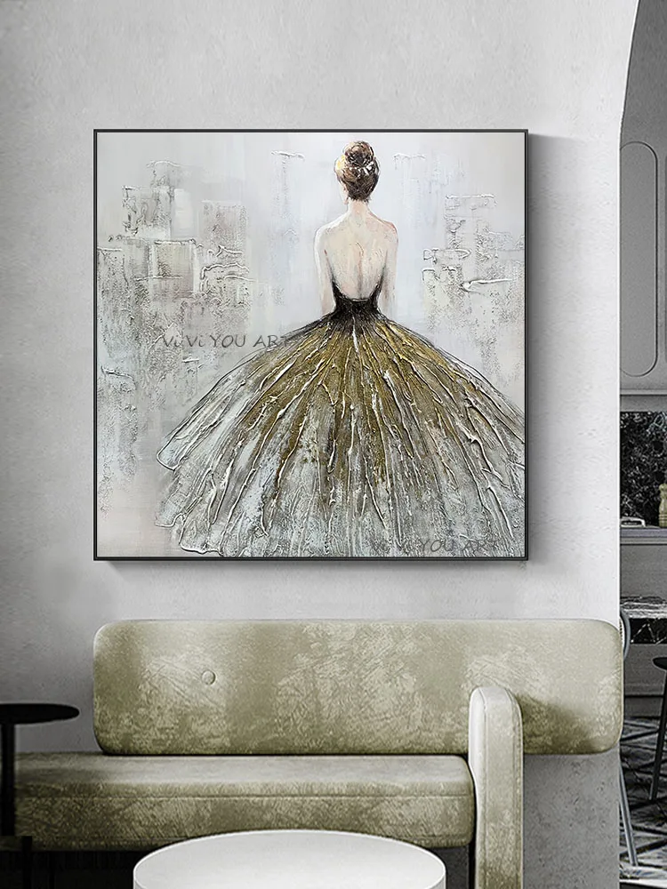 

Handmade character knife oil painting abstract girl dress back view modern home decoration art wall painting living room