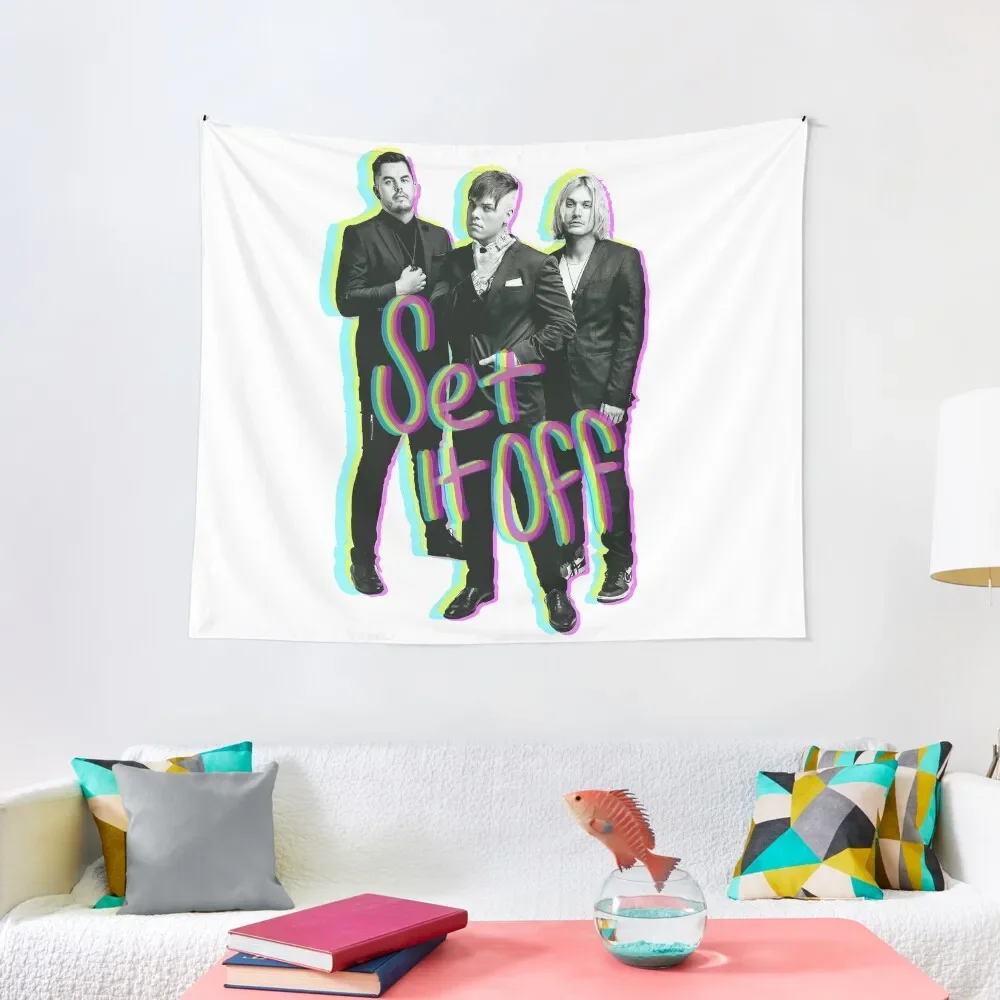 

Set it off band group photo GLITCH effect with text Tapestry Outdoor Decor Room Decor Aesthetic Room Decorations Tapestry