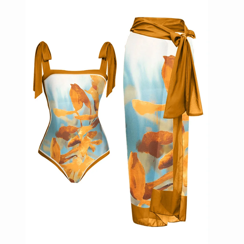 New French Retro Print One-piece Swimsuit Female Hot Spring Vacation Beach Skirt Two-piece Swimwear Beachwear Cover Up