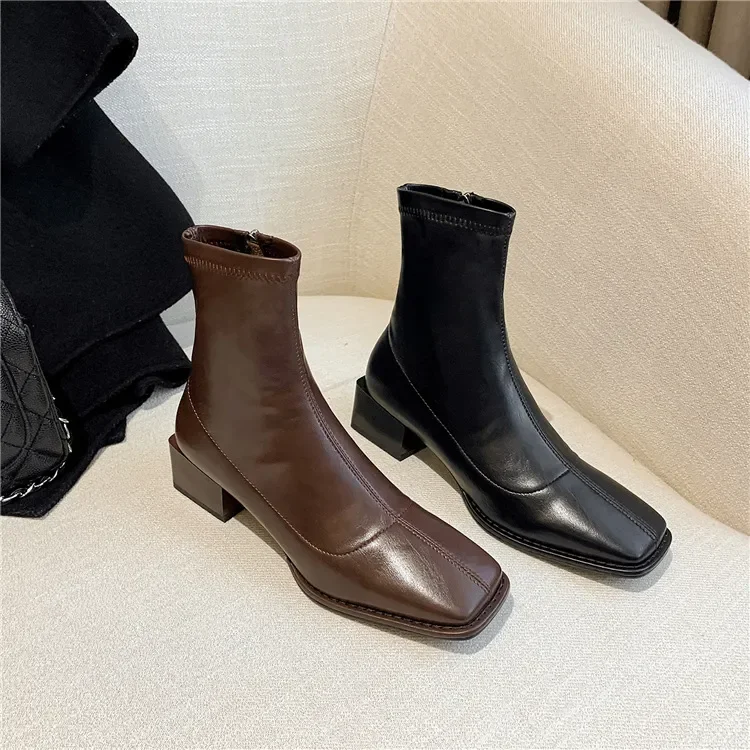 

Autumn Winter Women Square Toe British Mid-heel Ankle Boots Brown Thick-heel Boots Women's Elastic Boots Booties Boot Shoes High