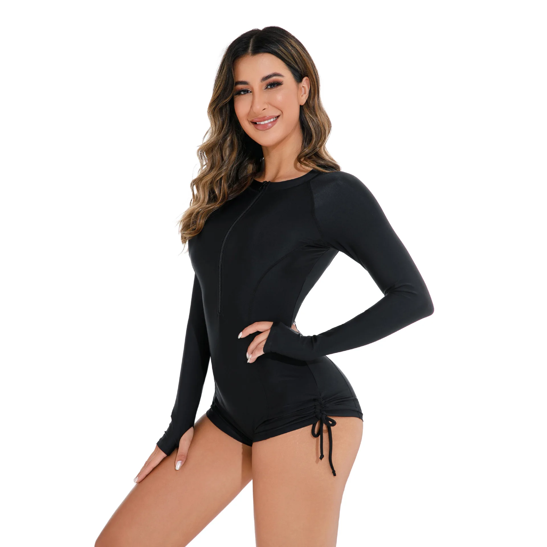 One Piece Swimsuit Women's Sports Long Sleeved Zippered Swimsuit Sun Protection Surfing Suit Solid Color