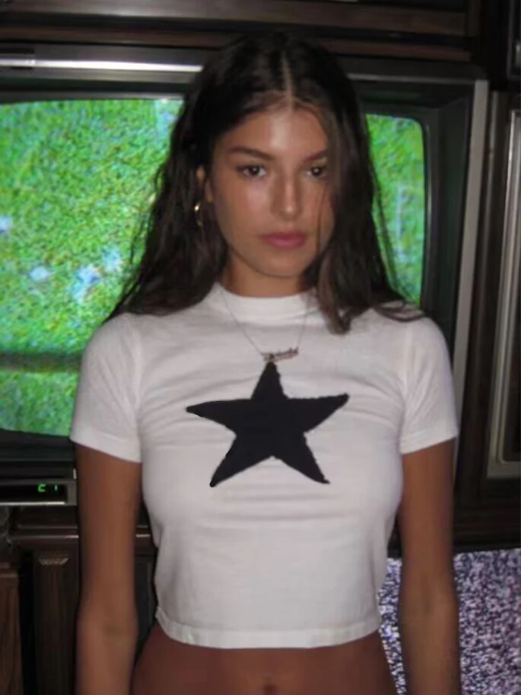 Y2K Crop Top Star Top Harajuku Goth Magliette A Maniche Corte Fashion Grunge Summer E-Girl White Slim 2000S Streetwear