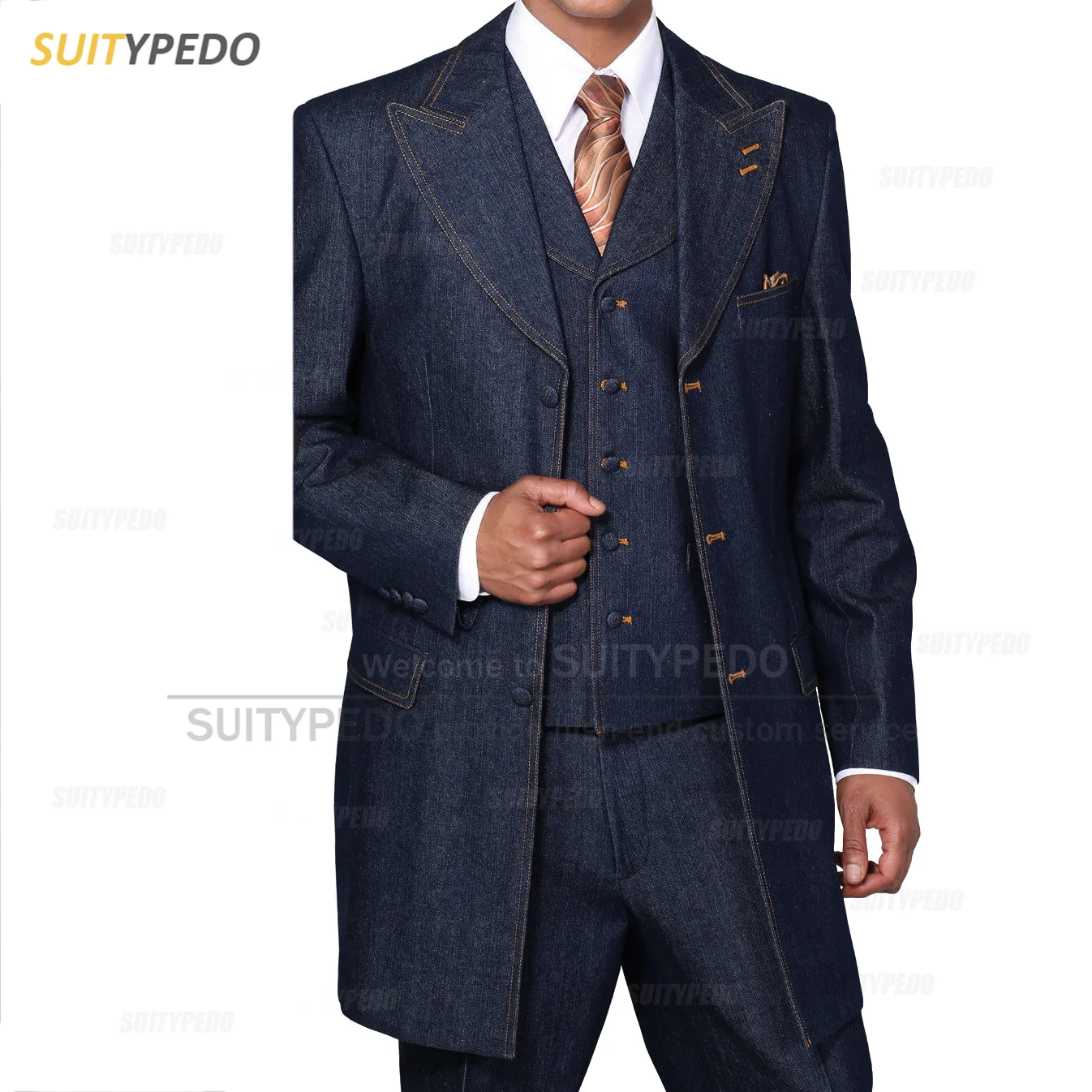 Classic Blue Long Denim Men Suit Set Evening Party Casual Costumes Formal Prom Fashion Blazer Vest Pants 3 Pieces Custom Outfits 2