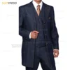 Classic Blue Long Denim Men Suit Set Evening Party Casual Costumes Formal Prom Fashion Blazer Vest Pants 3 Pieces Custom Outfits 2
