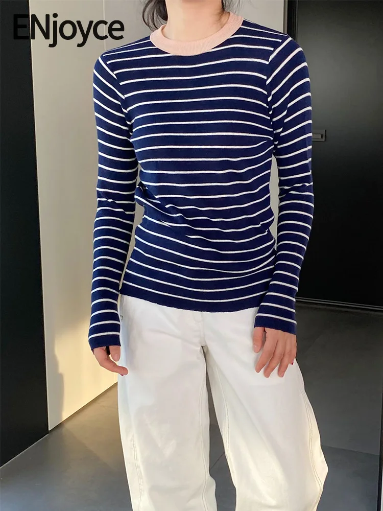 

Женский вязаный свитер в полоску ENjoyce, винтажный Повседневный пуловер в Корейском стиле, трикотажный топ для весны, 2024