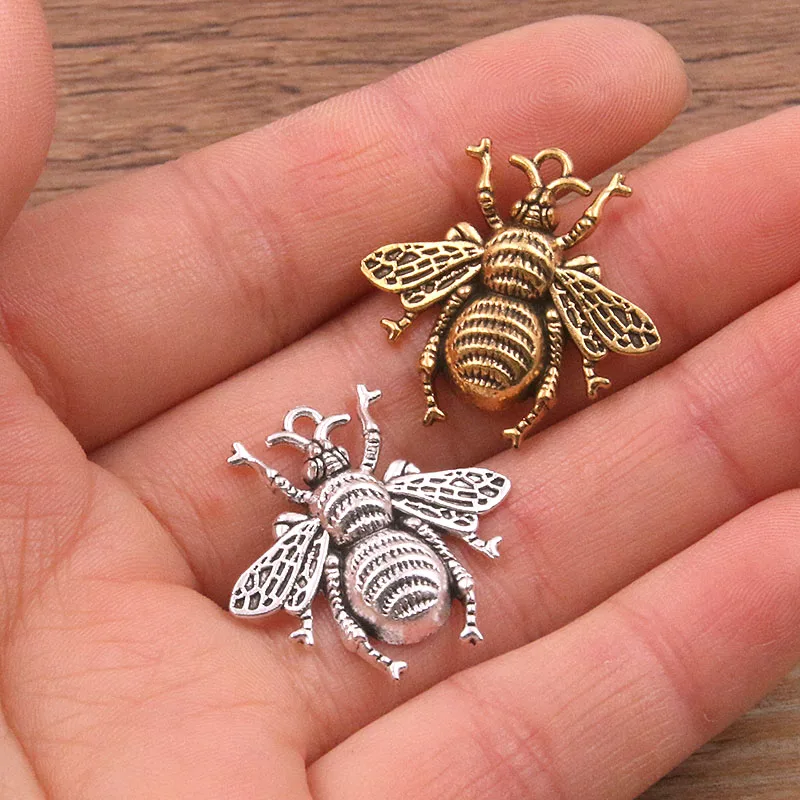 10Pcs Antique Gold Color Bee Pendants Charms Jewelry Finding DIY Making 25*25mm 
