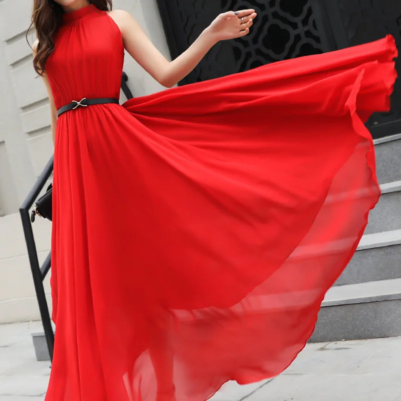 

Red Party Evening Chiffon A-line Dress Spring Summer Fashion Dress 2023 Korean Style Women Round Neck Sleeveless Elegant Dress