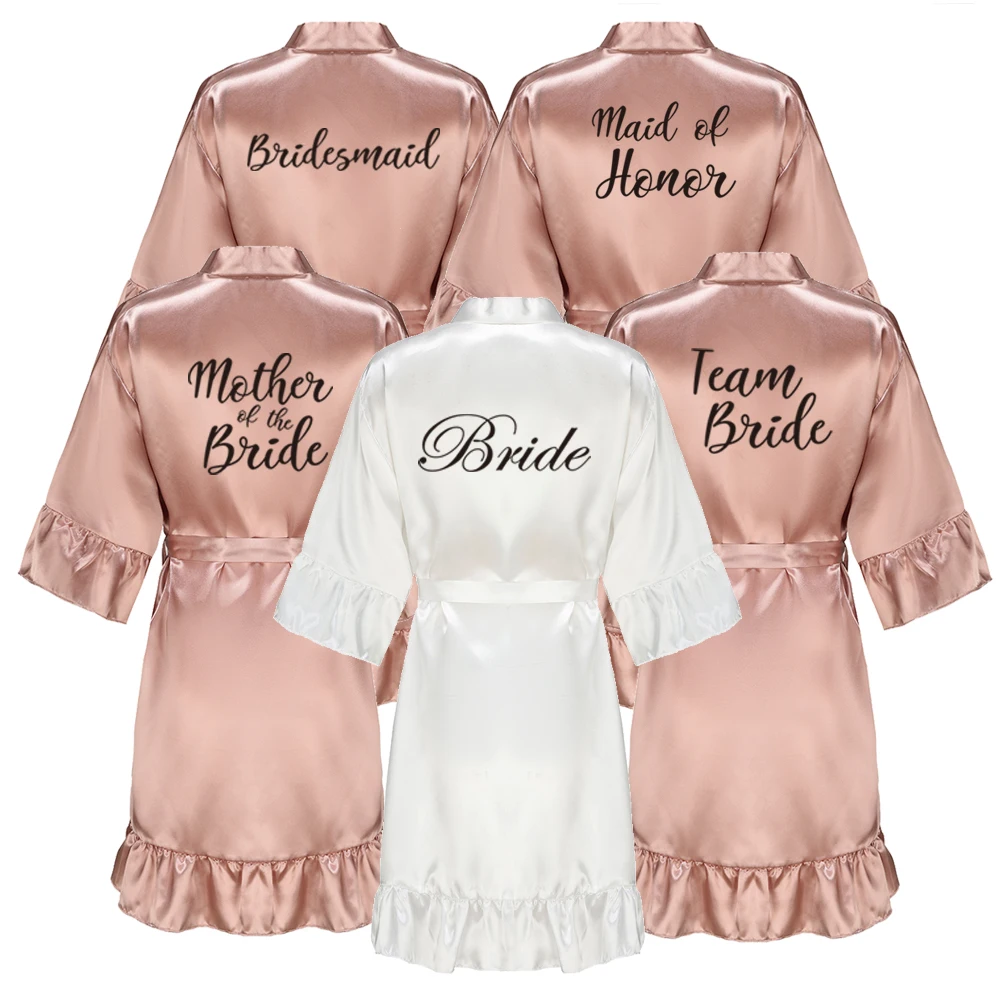 

Rose Gold Satin Bridesmaid Team Bride Robes With Ruffle Sister Mother Bathrobe Maid of Honor Kimono Wedding Gift