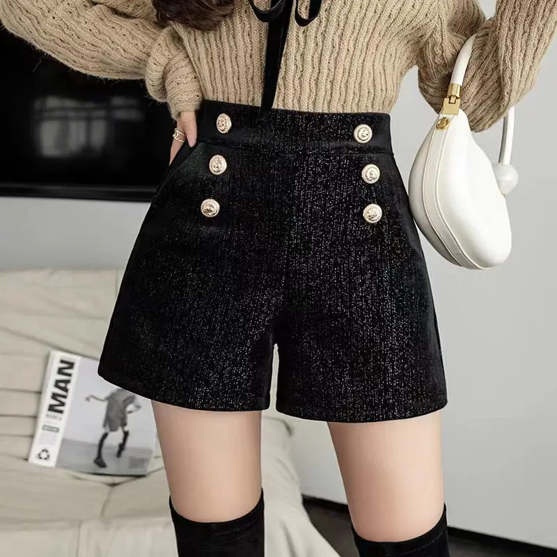 Autumn Winter New Fashion High Waist Black Shorts Solid Color All-match A-line Wide Leg Pants Casual Elegant Women Clothing