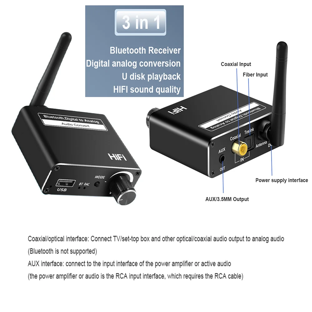 

DAC Bluetooth-Compatible 5.0 Receiver Audio Converter Digital to Analog U Disk Play Toslink Optical Coaxial to Stereo 3.5mm R/L
