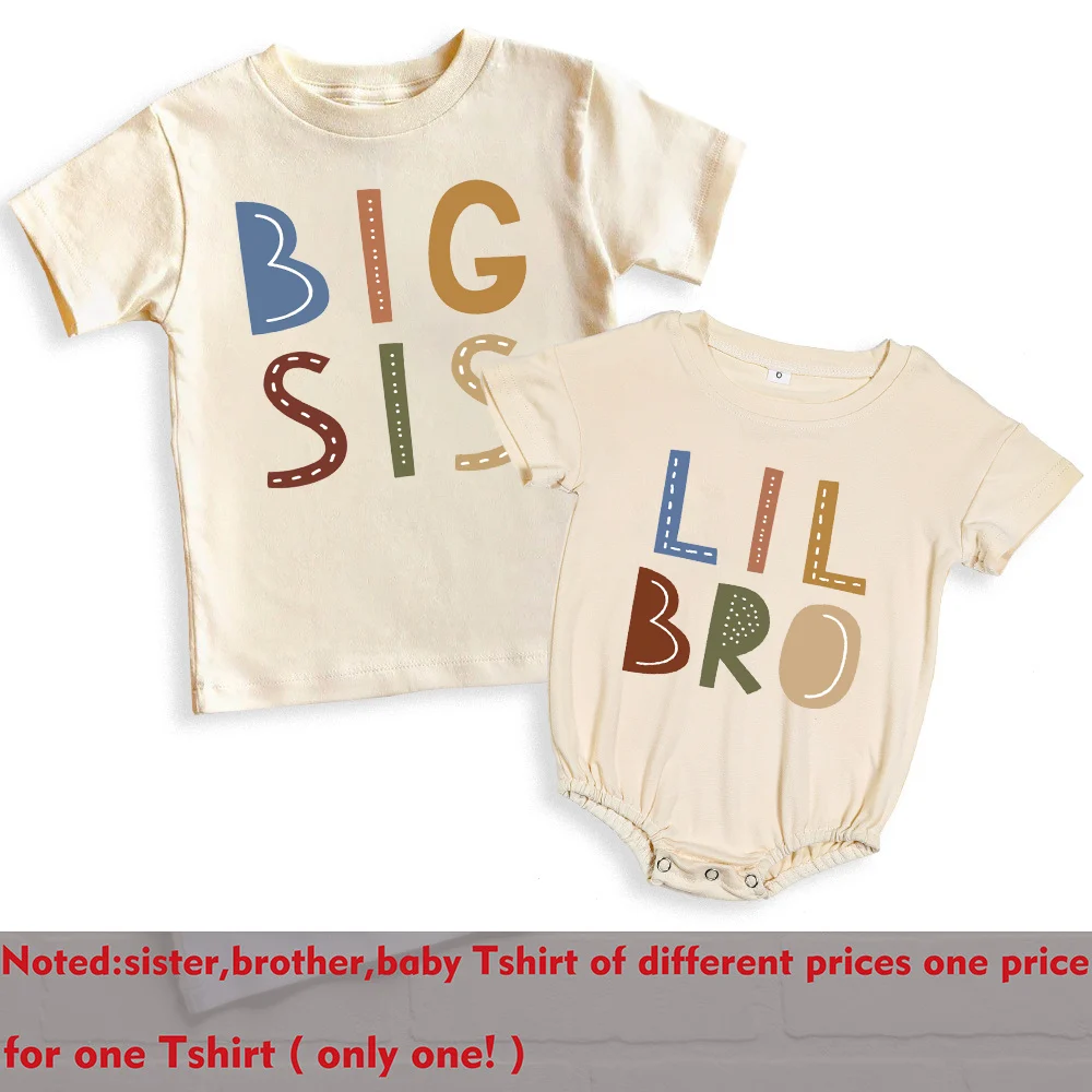 Big Brother Little Sister Printed Shirt Retro Sibling Matching Clothes Kids Short Sleeve T-shirt Tops Baby Large Bubbles Romper 3