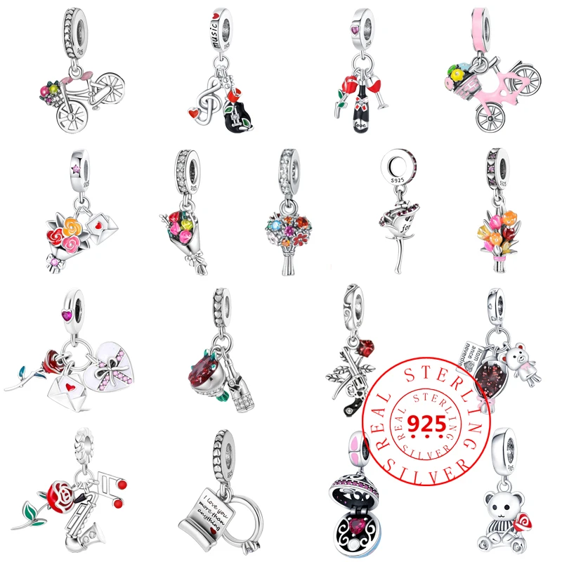

Sparkling Newest 925 Sterling Silver Colorful Bouquet Ring Love Bicycle Beads Pendant Fit Pandora Charms Bracelets Jewelry Gifts