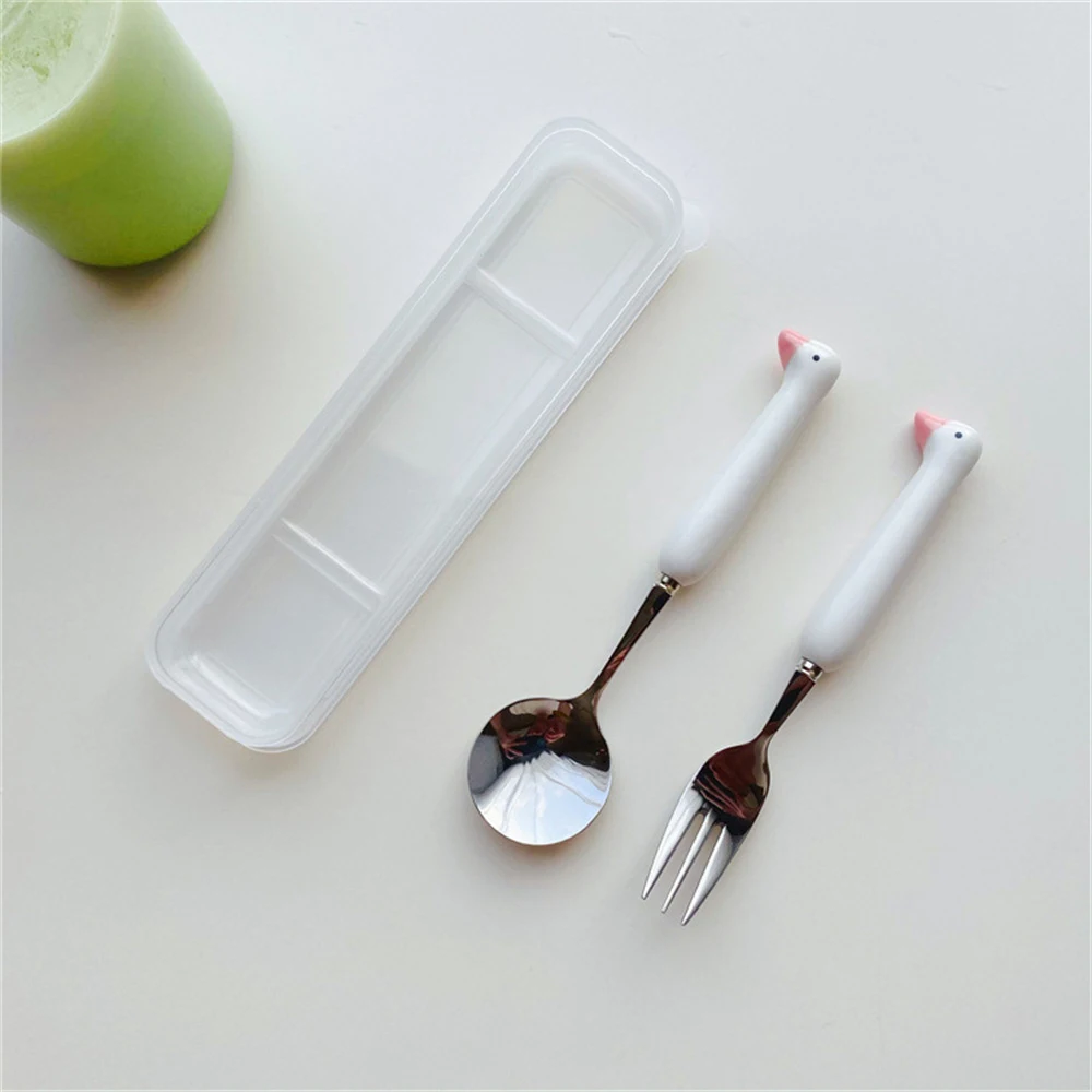 Red Cartoon Stainless Steel Spoon Goose Head Tableware Set Portable Ceramic Handle Cute Cat Claw Spoon Fork High Color Value