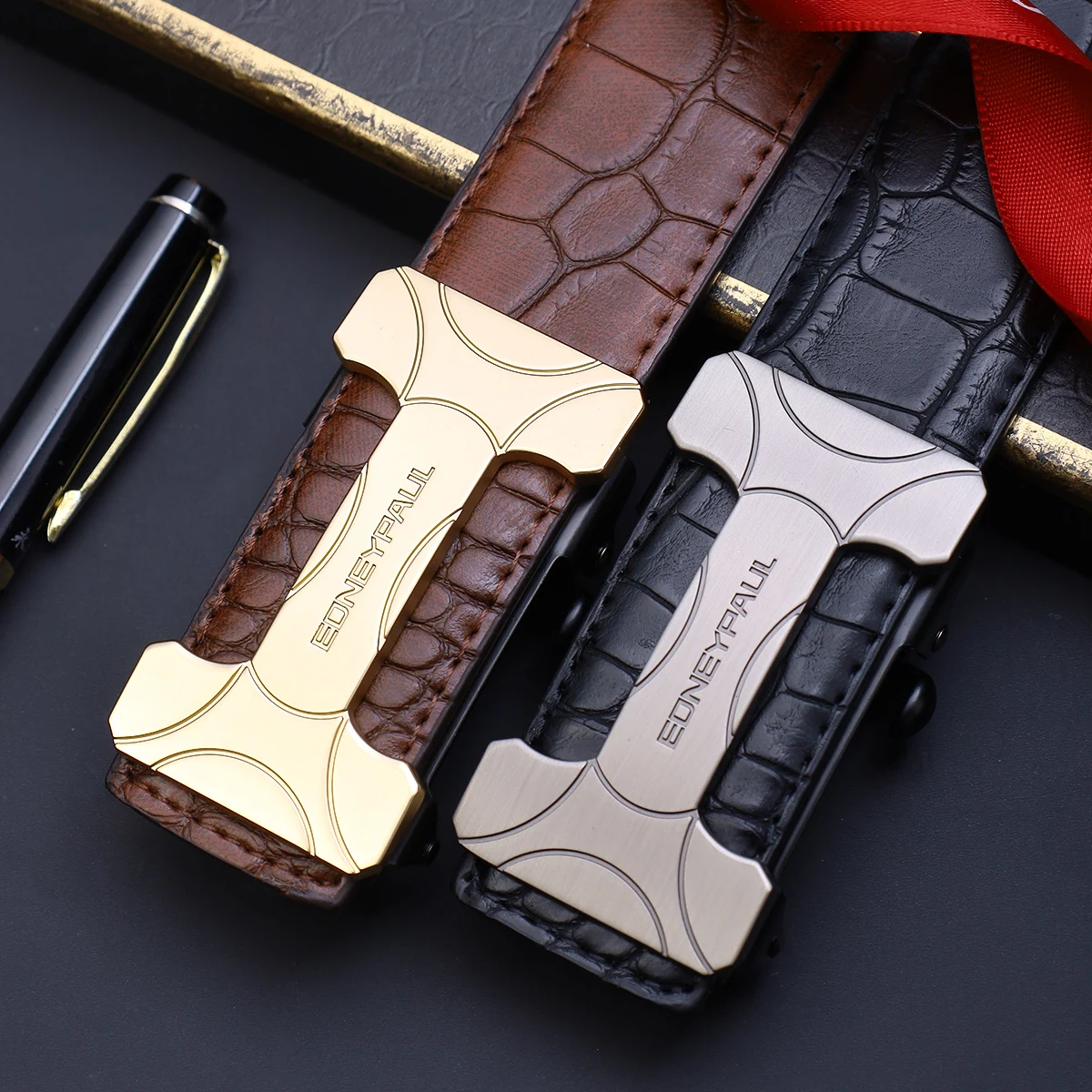 Men's Premium PU Leather Belt with Automatic Sliding Buckle - Business Style