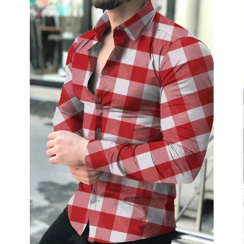 2024 New best-selling fashion casual minimalist men's shirt plaid stripe spring/summer men's lapel button long sleeved shirt 6XL