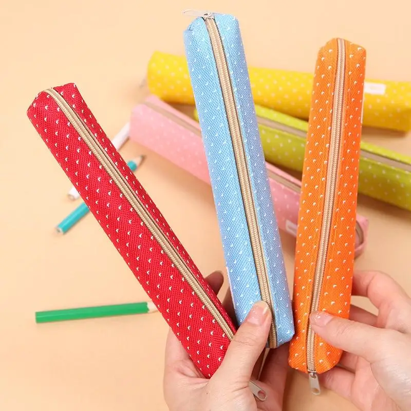 작은 신선한 캔버스 지퍼 필통 카와이 도트 패션 여성용 학교 용품