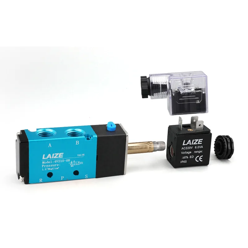 LAIZE 4V210-08 솔레노이드 밸브 2 위치 5 포트 단일 코일 파일럿 작동식 피팅 포함