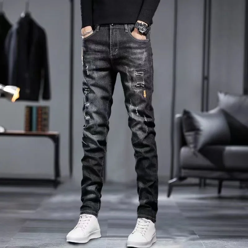 

2024 Spring/Summer New Classic Fashion Solid Color Ripped Small Feet Men's Casual Slim Comfortable Breathable Stretch Jeans 36