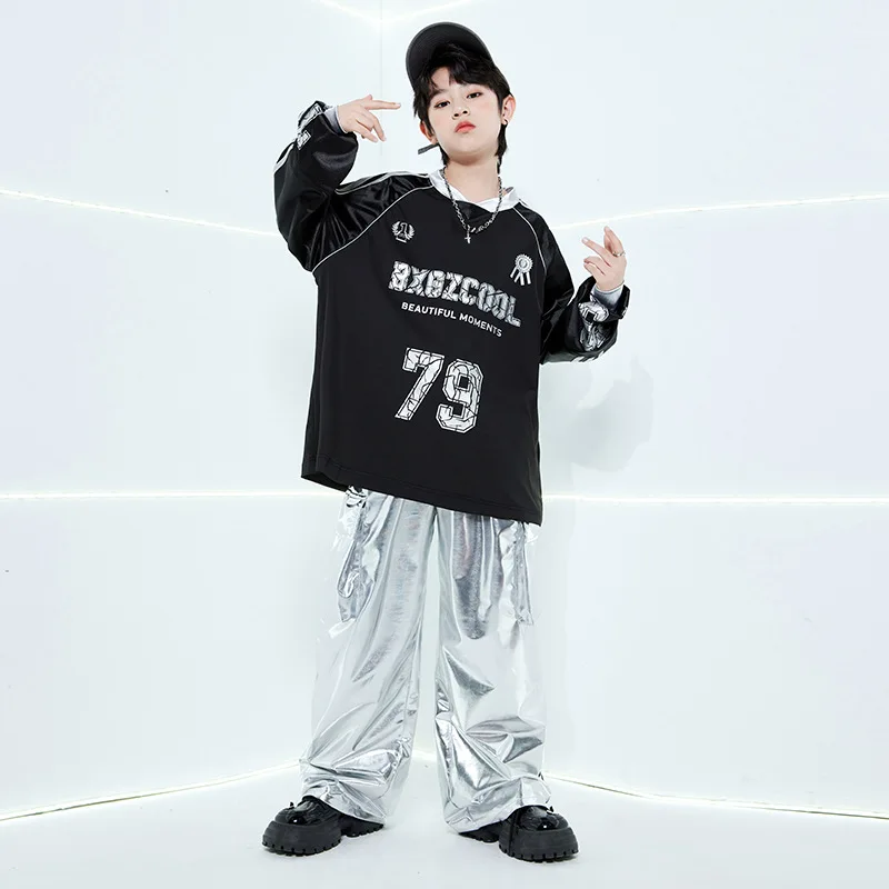 Kids Boys Girls Streetwear Hip Hop Long Sleeve Football T-shirt Silver Leather Cargo Pant Sets Tracksuit Children Stage Clothing