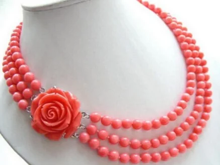 

real natural 3row 7-8mm pink coral Beautiful atmosphere Rose Button necklace leather longer women Fashion Jewelry17-18inch