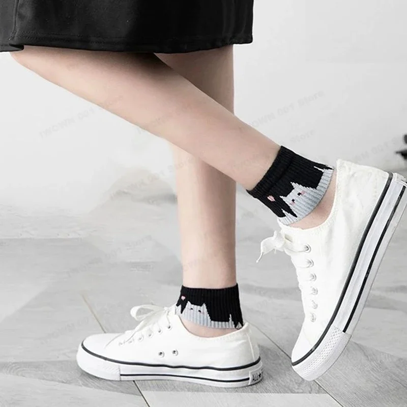 5-60Pairs Kawaii Summer Short  Crystal Silk  Black And White Cat Breathable Wear-Resistant And Odor Proof Summer Socks