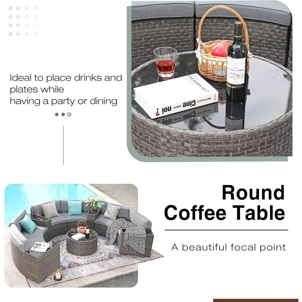 Outdoor Patio Furniture 11-Piece Half-Moon Sectional Round Set Curved Sofa with Coffee Table Suitable for outdoor courtyard use 4