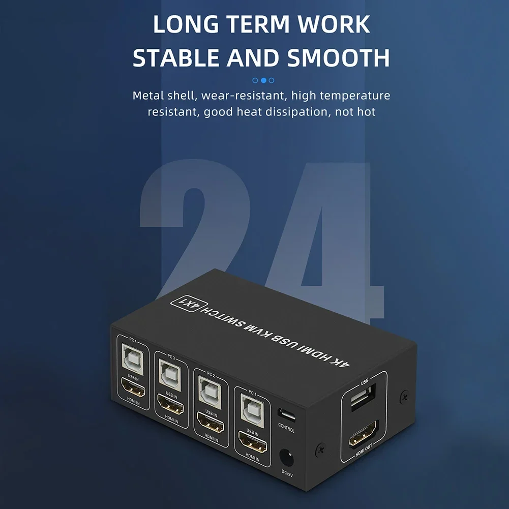 4K 60Hz 4X1 Switcher 4 Port USB HDMI KVM Switch Video Converter with Desktop Con