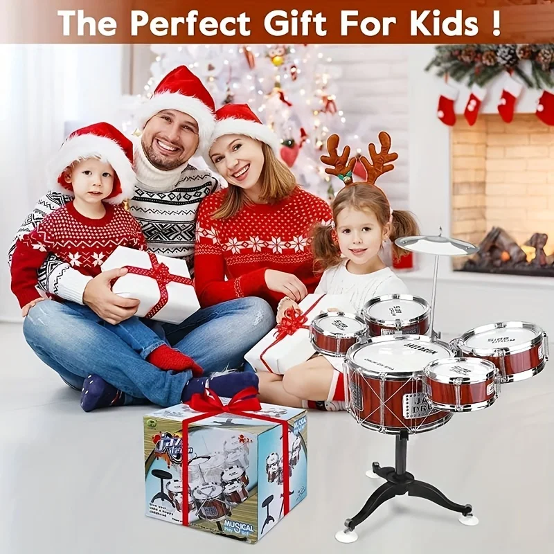 Kids Drum Set Musical Toy Drum Kit for Toddlers Jazz Drum Set with Stool, 2 Drum Sticks, Cymbal and 5 Drums Musical Instruments 6
