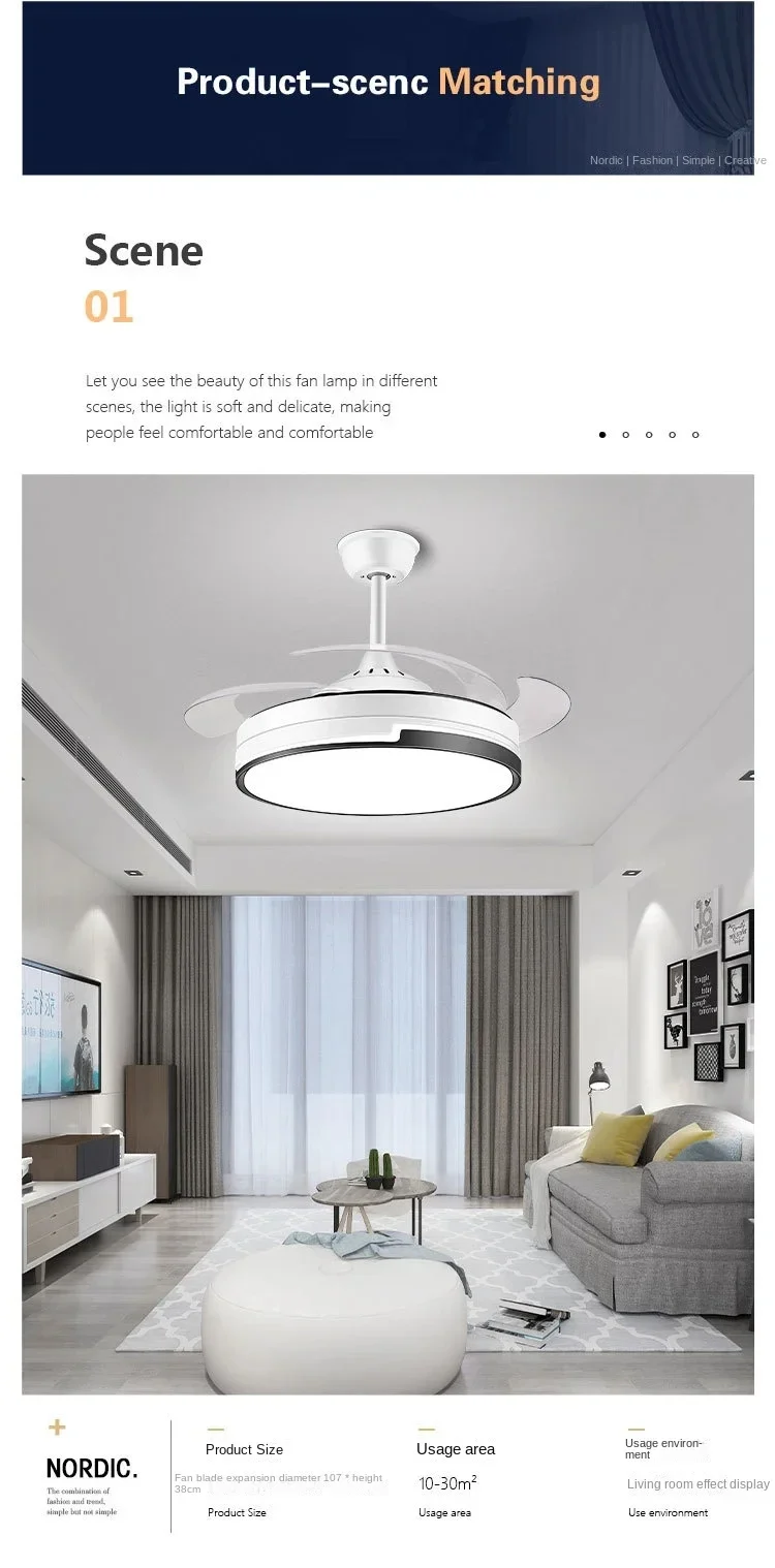 All copper Led Ceiling Fan With Energy-saving Lighting, Modern Style Living Room Invisible Ceiling Fan, Household 6-speed Variab