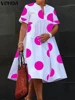 VONDA Bohemian Summer Midi Sundress Women Polka Dot Printed Dress 2024 V Neck Casual Party Short Sleeve Loose Oversized Vestidos