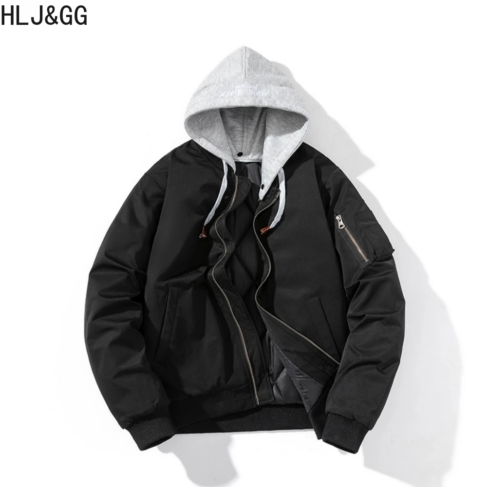 HLJ&GG New Fashion Jacket with Detachable Hat American Vintage Bomber Jackets for Mens Autumn Winter Solid Pilot Jackets Coats