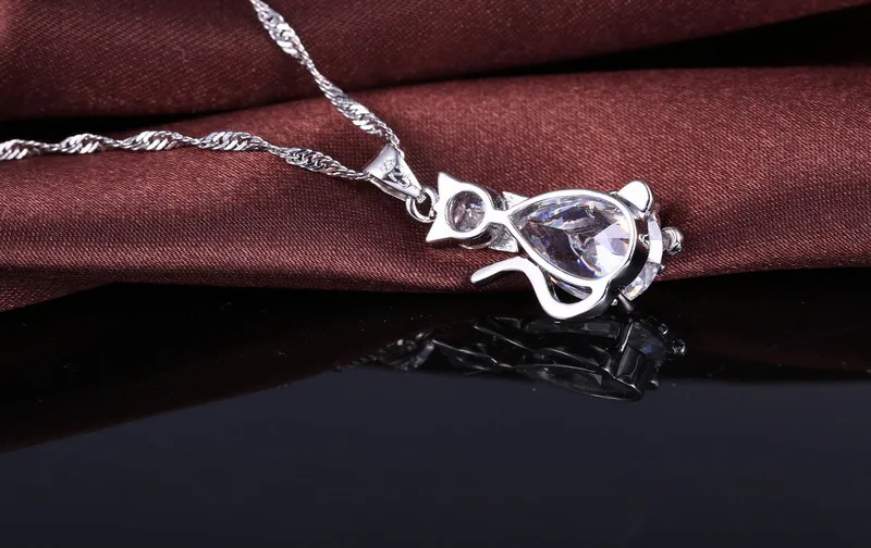 Lovely Christmas Birthday Gift for Girls 925 Sterling Silver Color Cubic Zircon Cute Cat Pendant Necklace Earrings Jewelry Set
