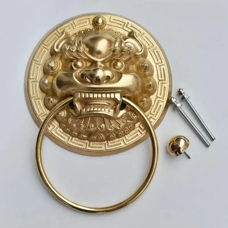 1Pcs 300MM Vintage Brass Die Casting Lion Head Door Knocker Door Handle Solid Wood Glass Villa Courtyard Gate Ring Knob