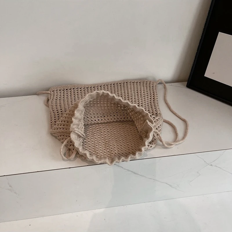 Solid Color Knitting Flower Shoulder Bag Large Capacity Hollow Out Bohemian Crochet Backpack Lazy Style Versatile