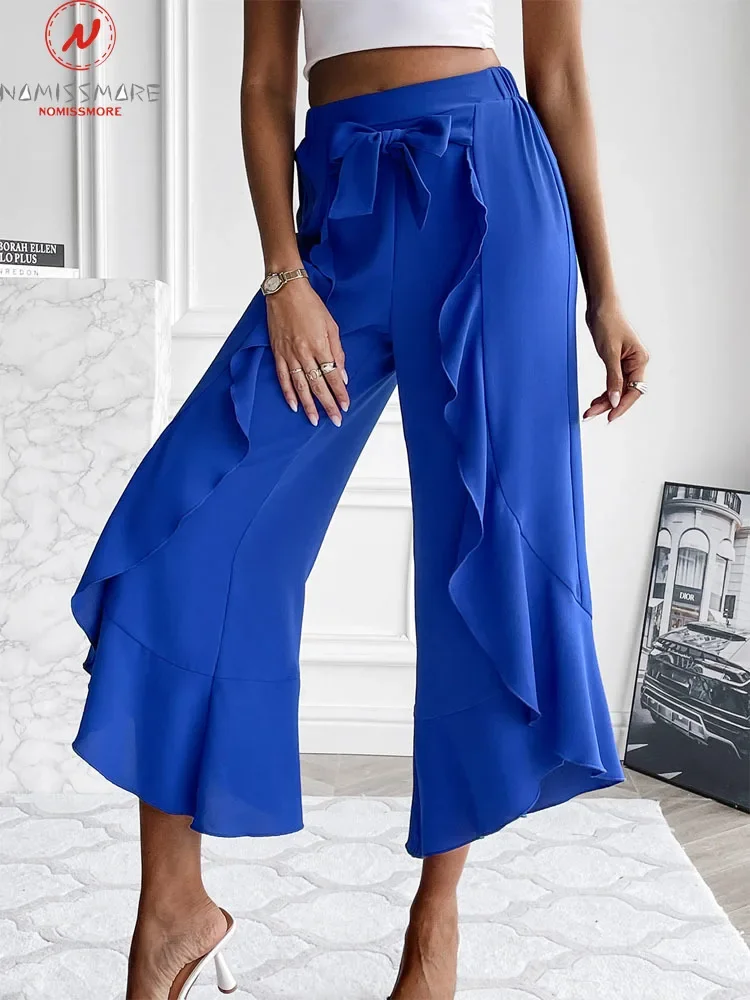 

England Style Women Summer Solid Color Wide Leg Pants Patchwork Design Ruffles Bandage Decor Elastic Waist Loose Trousers