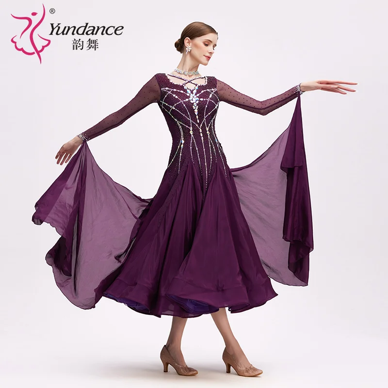 B-24159 Purple Satin Chiffon Ballroom Dance Dress High Quality New Rhinestone Standard Performance Wear Long Ballroom