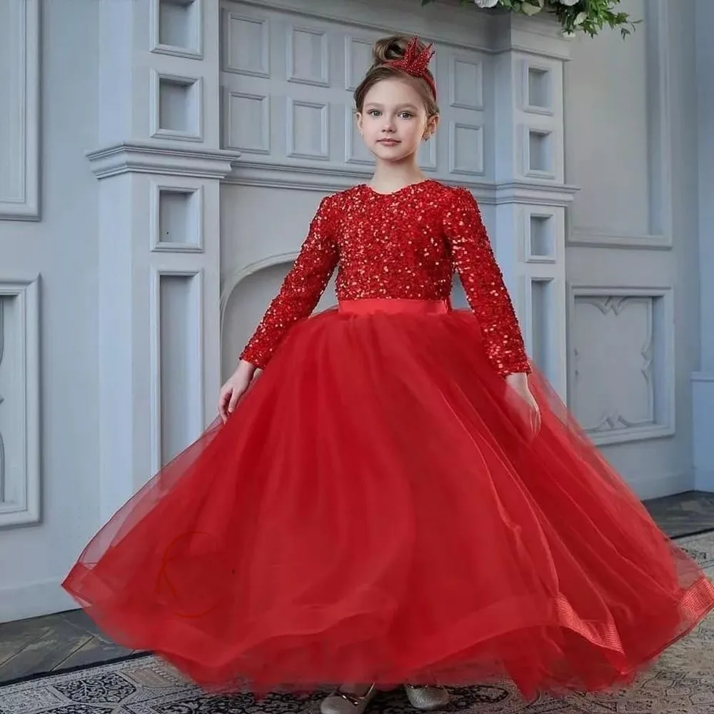

Flower Girl Dresses Sequined Tulle Zipper Back With Bow Round Collar Full Sleeve Princess Fluffy First Communion Birthday