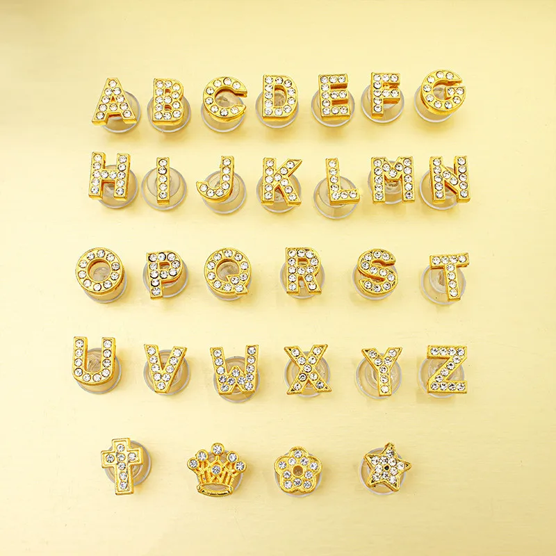 Golden Letters Crystal Diamond Alloy Charms Accessories Fashion Soft PVC Shoes Buckle Kids Decoration Design Wholesale 1Pcs