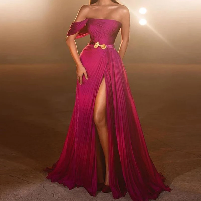 

Charming Fuchsia Sleeveless Evening Dress Pleated Off Shoulder High Slit Prom Dress Floor Length With Train Party Dress Vestido