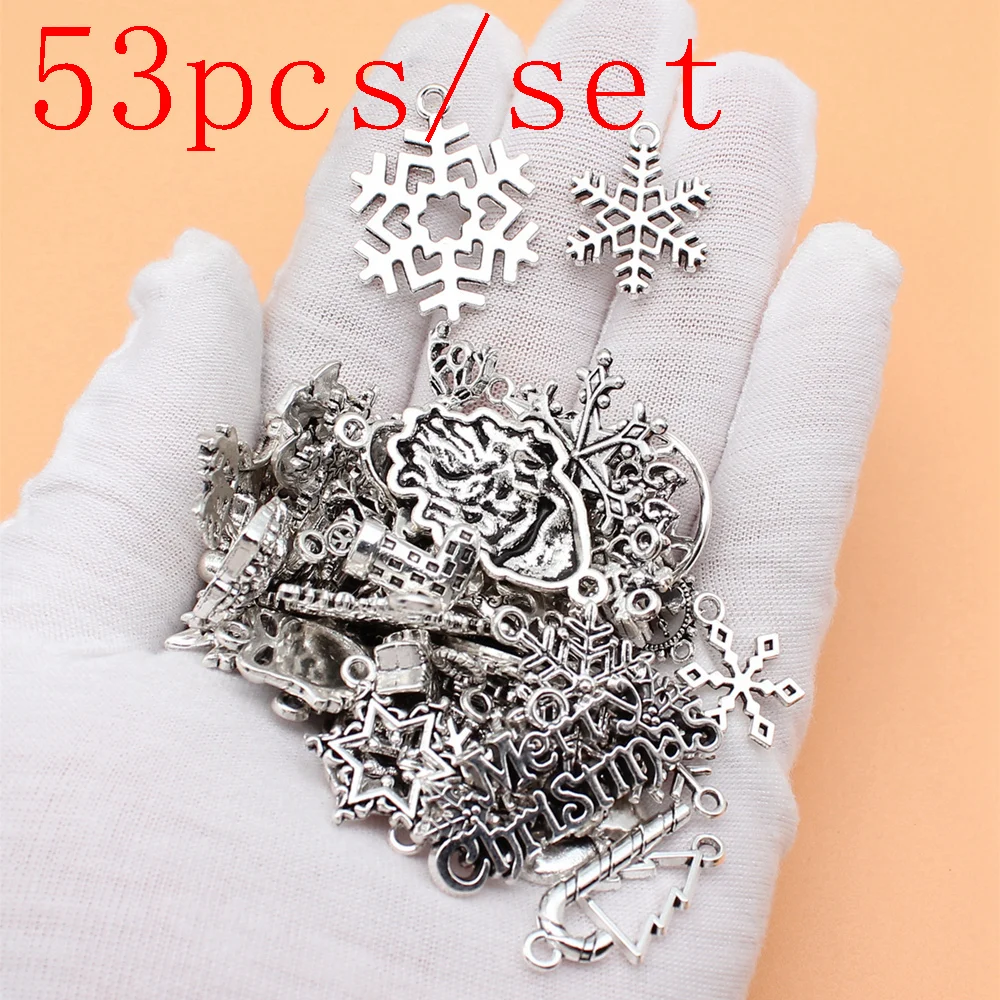 

Wholesale Christmas Snowflakes Elk Snowman Santa Claus Christmas Tree Charms Accessories For Jewelry Cute Items 53pcs/set