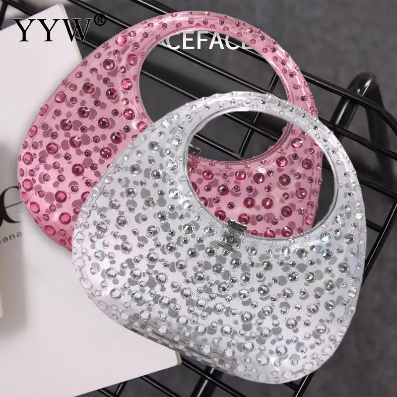 Shiny Diamond Transparent Acrylic Half Moon Purse 2023 Designer Luxury Evening Handbag Ladies Wedding Party Diamond Clutch Bag