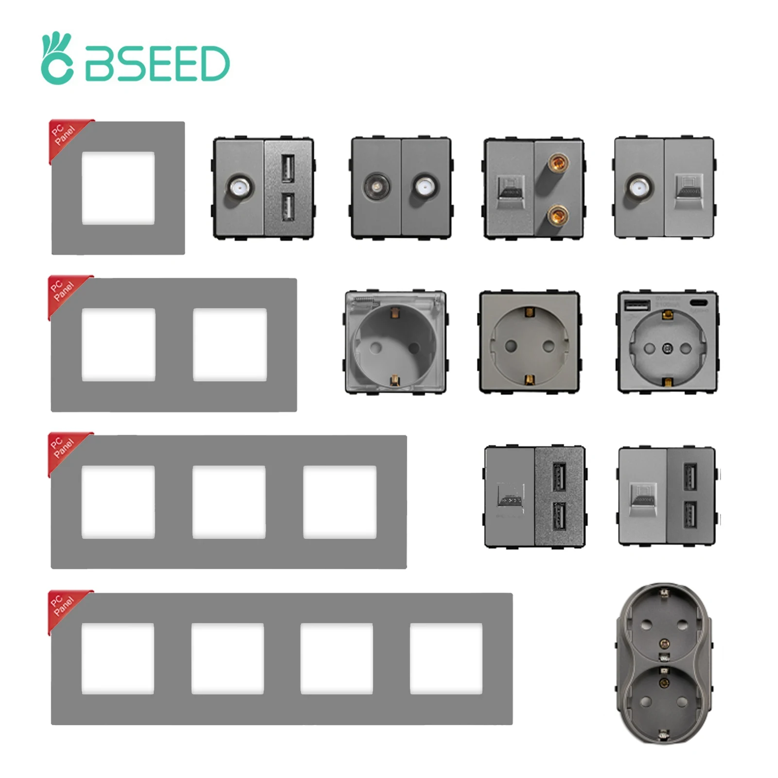 BSEED 벽 스위치 패널 부품 듀얼 USB 소켓 TV 인터넷 RJ45 위성 기능 부품 EU 소켓 DIY 부품 전용 무료 조합
