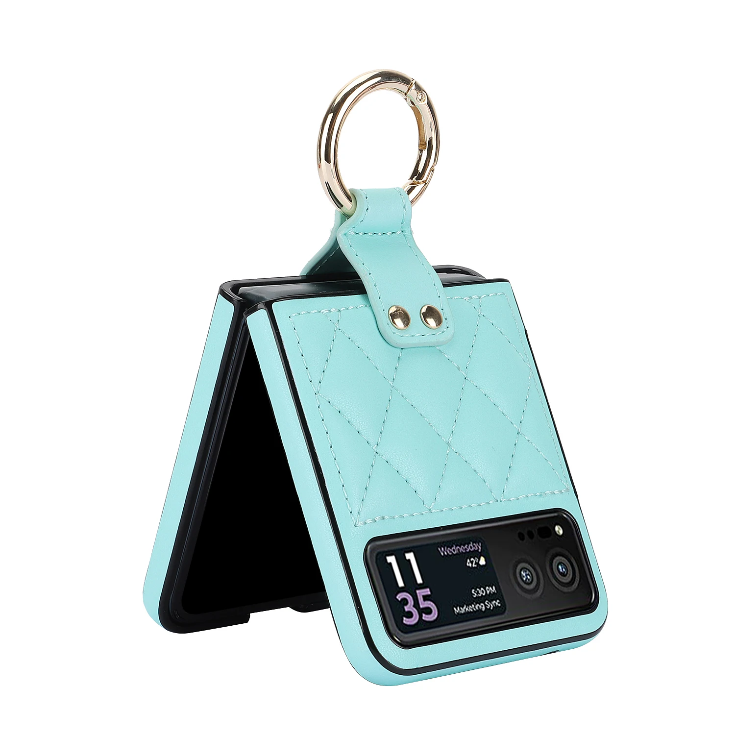 Luxury Fashionable Quilted PU Leather Phone Case with Metal Ring - Fall Prevention Design