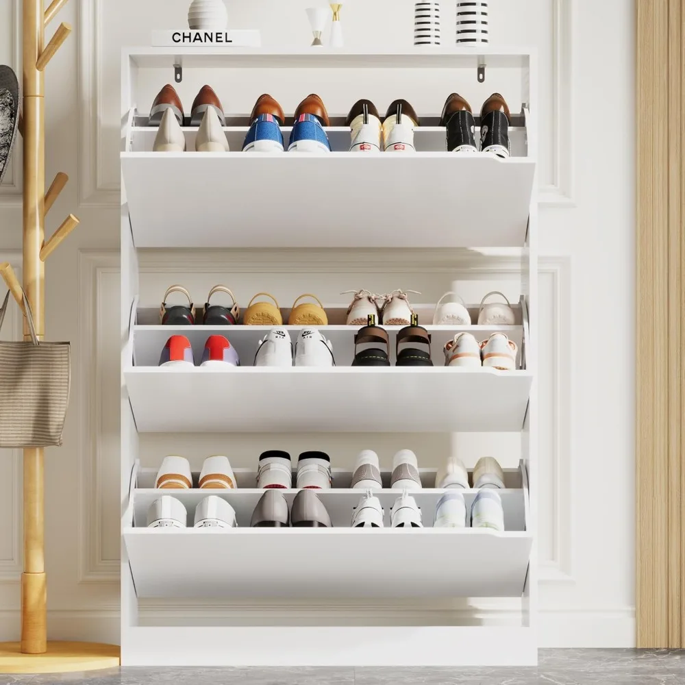 Shoe Storage Cabinet for Entryway with 3 Flip Drawers, Sturdy Wood Hidden Shoe Storage, Freestanding Narrow Slim Shoe Organizer 6