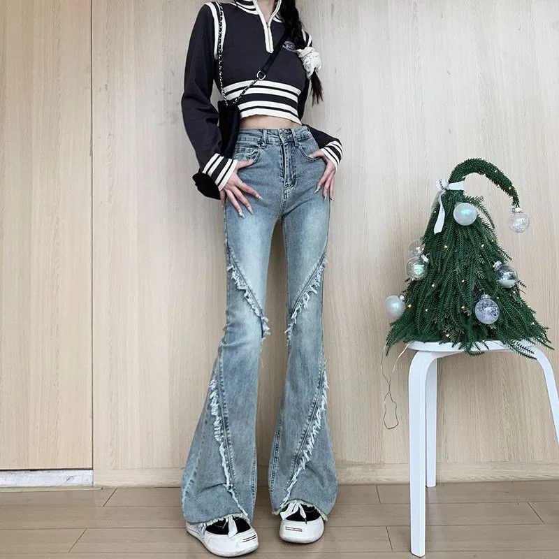 Denim Planet Women's Slim Fit Jeans 2024 New High Waist Elastic Flare Pants Spliced Slim Fit Open Front Pants